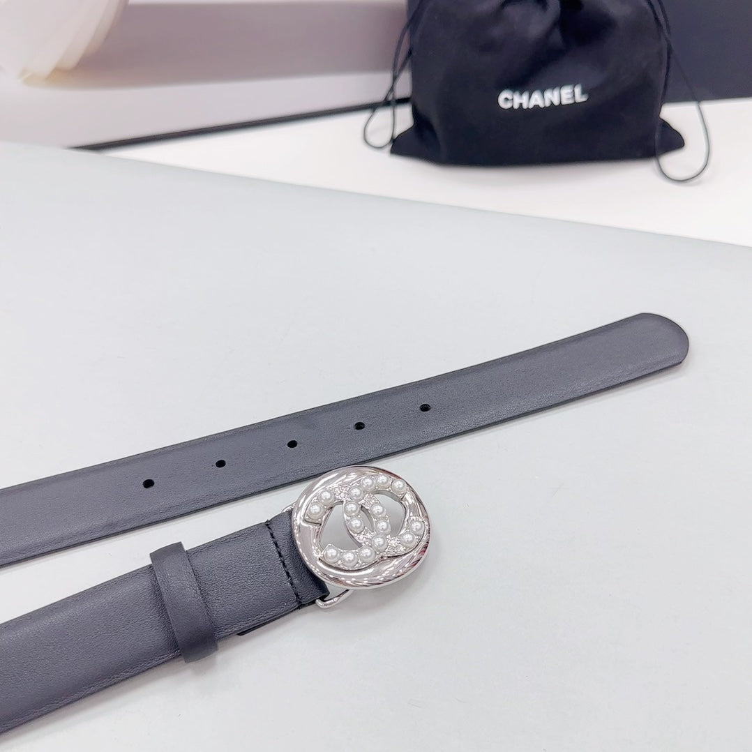 CC 30MM BELT IN BLACK CALFSKIN SILVER HARDWARE ATTACH PEARLS - 30