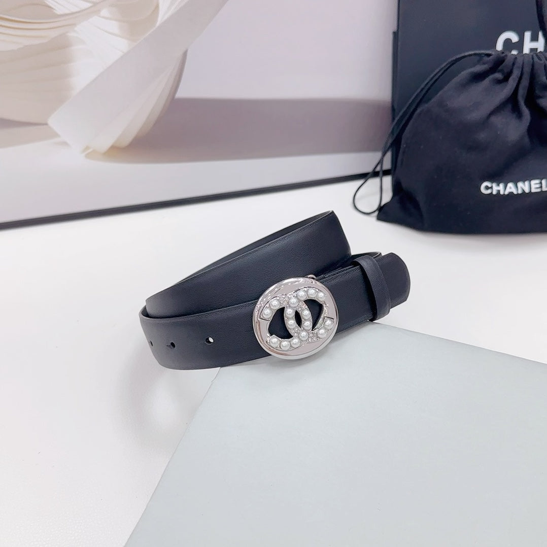 CC 30MM BELT IN BLACK CALFSKIN SILVER HARDWARE ATTACH PEARLS - 30