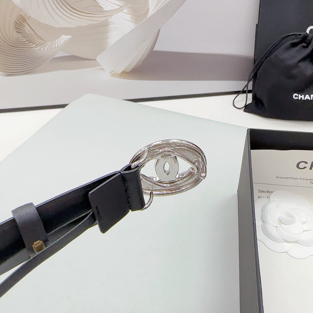 CC 30MM BELT IN BLACK CALFSKIN SILVER HARDWARE ATTACH PEARLS - 30