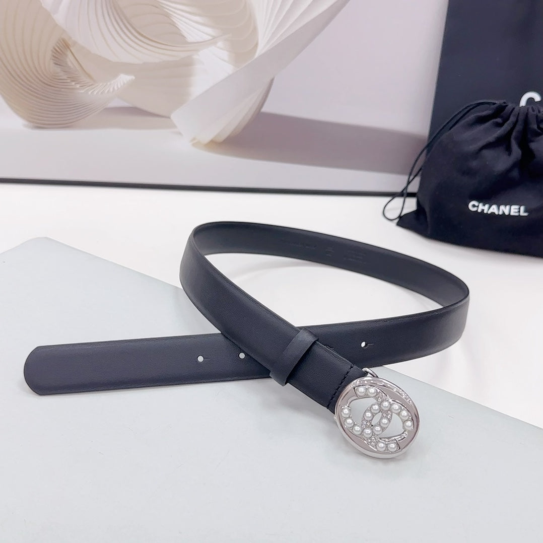CC 30MM BELT IN BLACK CALFSKIN SILVER HARDWARE ATTACH PEARLS - 30