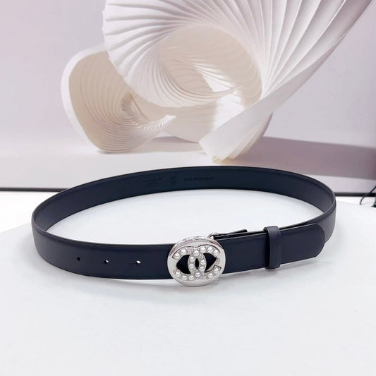 CC 30MM BELT IN BLACK CALFSKIN SILVER HARDWARE ATTACH PEARLS - 30