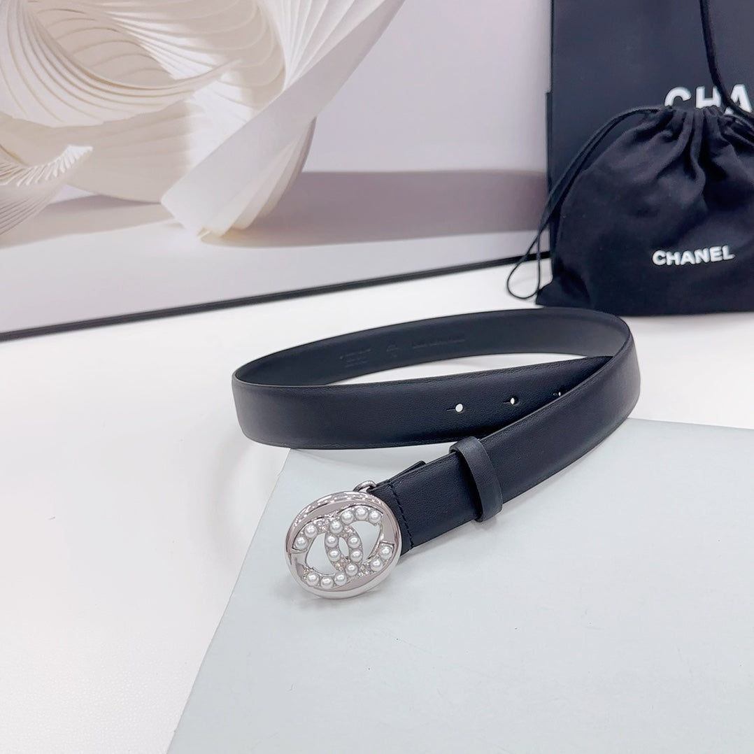 CC 30MM BELT IN BLACK CALFSKIN SILVER HARDWARE ATTACH PEARLS - 30
