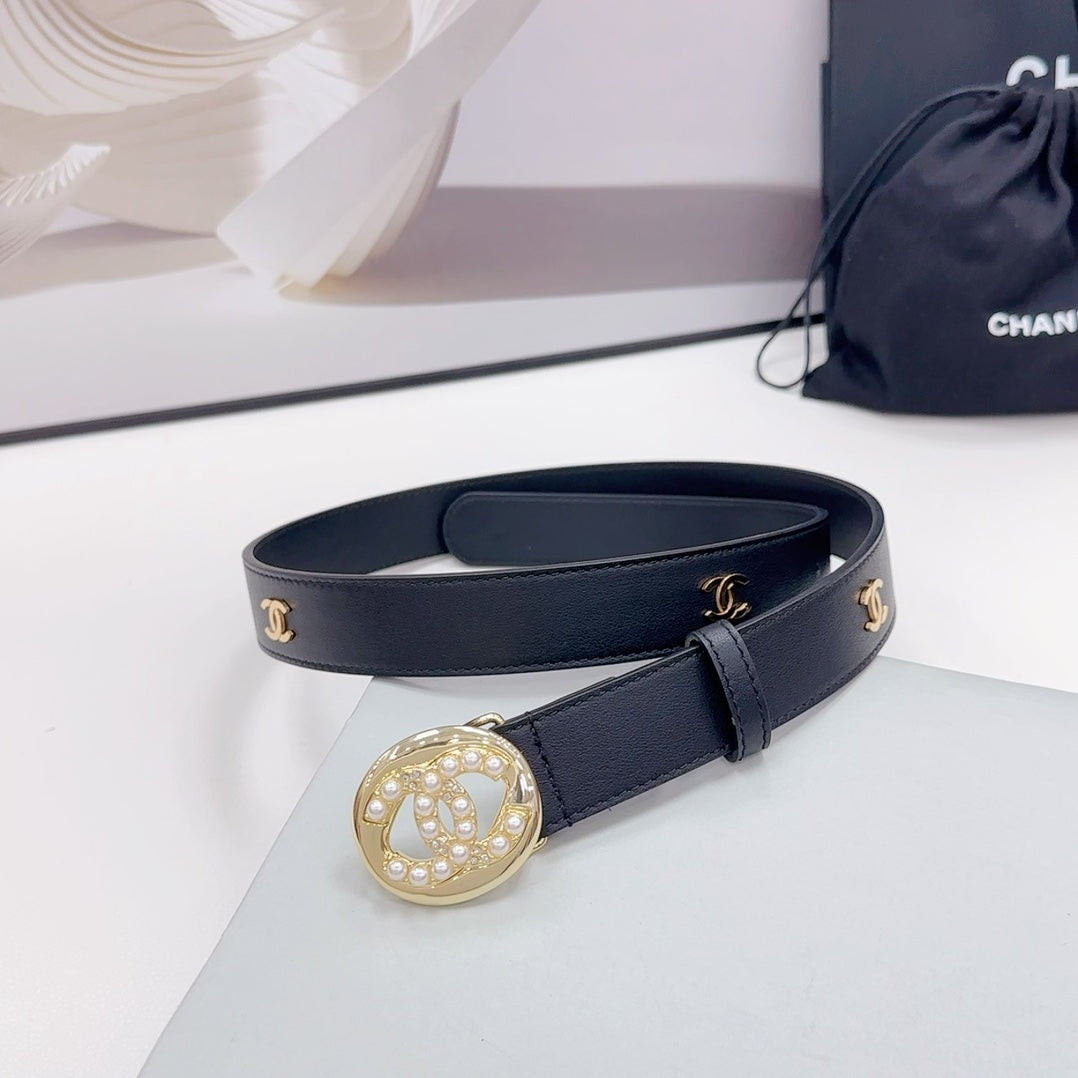 CC 30MM BELT IN BLACK CALFSKIN GOLD HARDWARE ATTACH PEARLS - 30