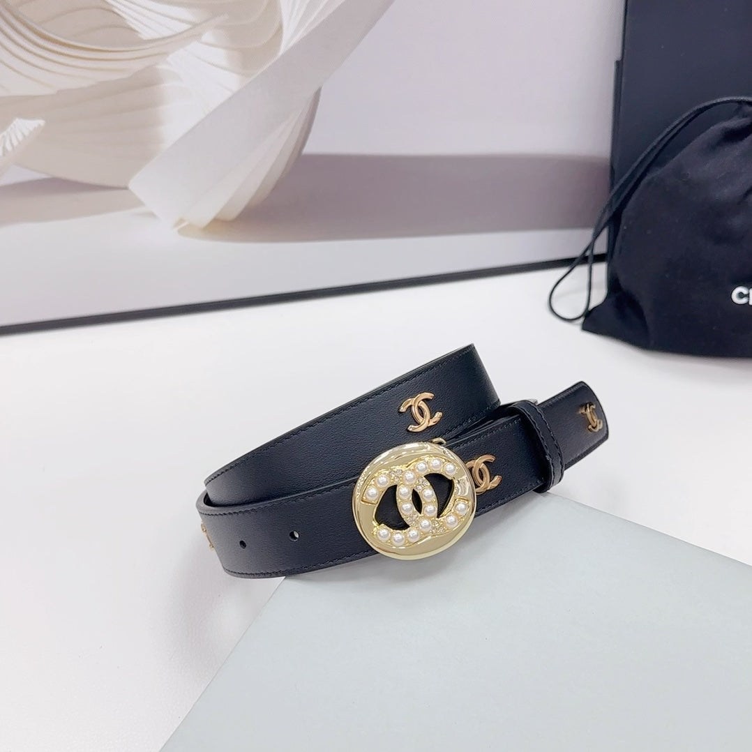 CC 30MM BELT IN BLACK CALFSKIN GOLD HARDWARE ATTACH PEARLS - 30