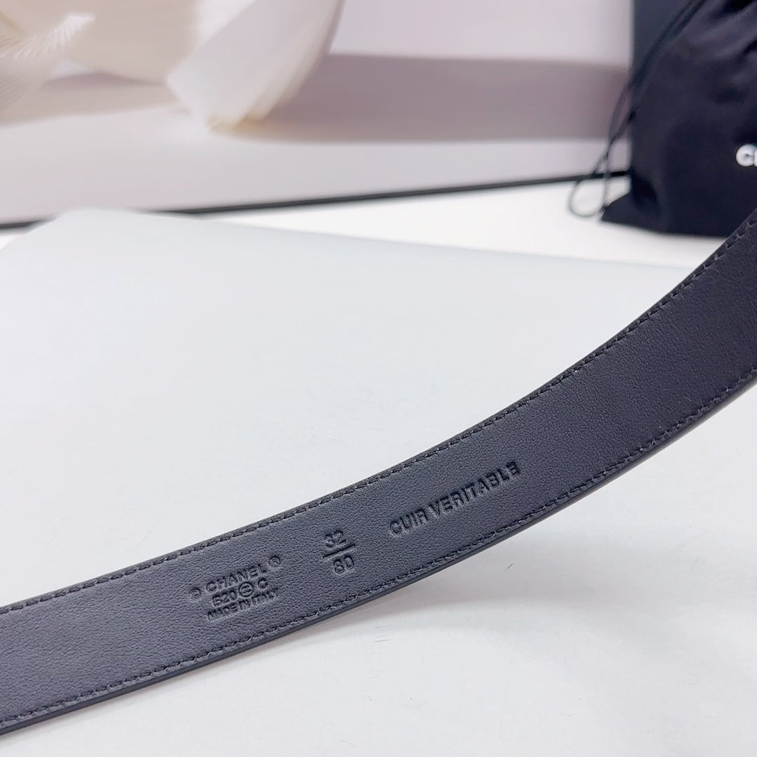 CC 30MM BELT IN BLACK CALFSKIN GOLD HARDWARE ATTACH PEARLS - 30