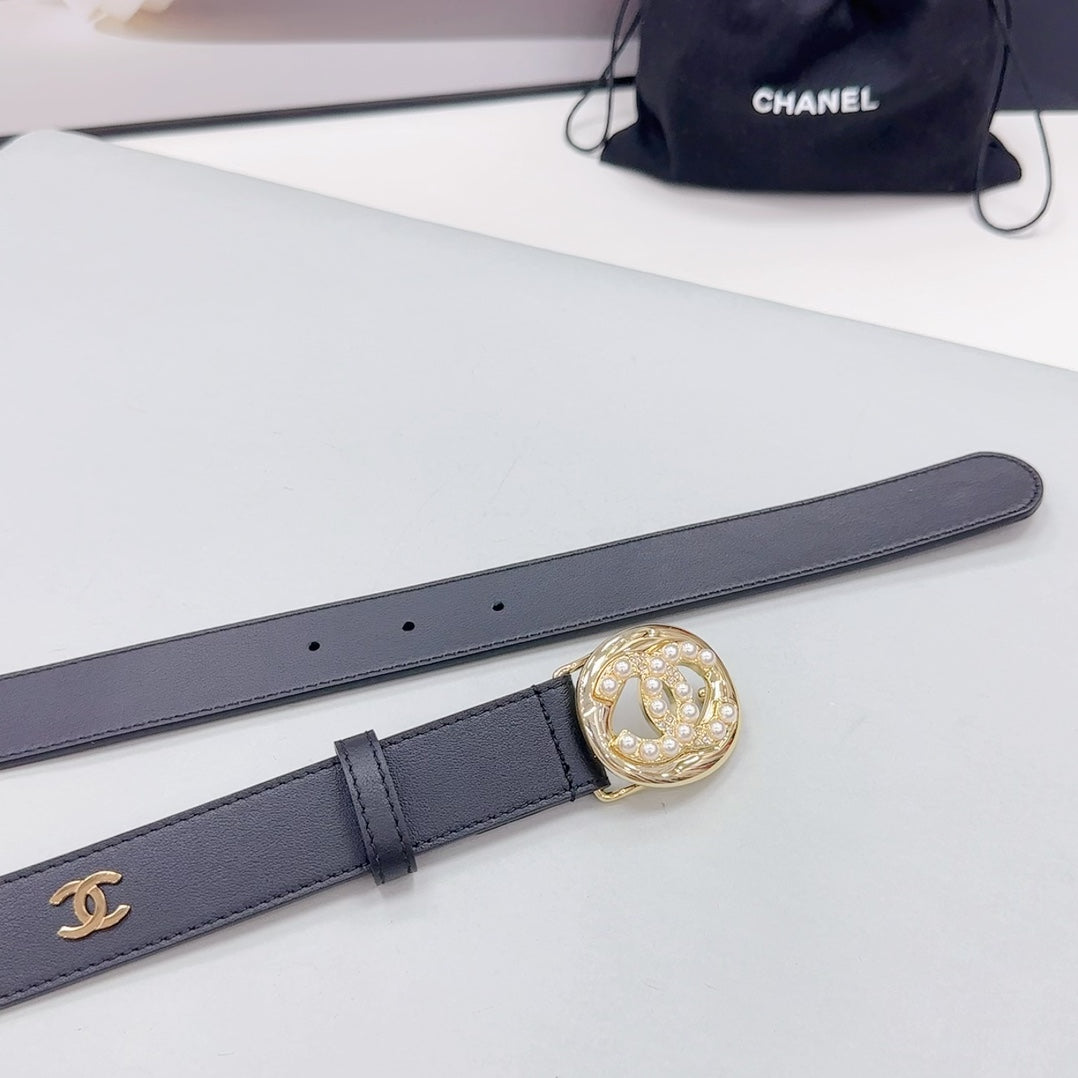 CC 30MM BELT IN BLACK CALFSKIN GOLD HARDWARE ATTACH PEARLS - 30