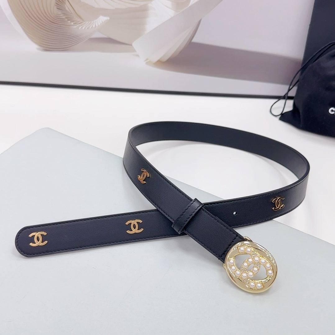 CC 30MM BELT IN BLACK CALFSKIN GOLD HARDWARE ATTACH PEARLS - 30