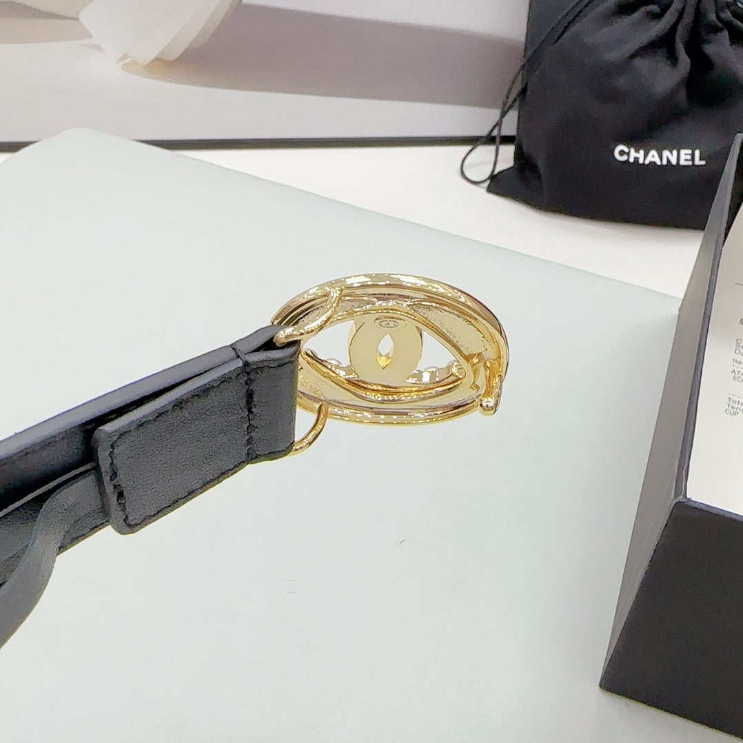 CC 30MM BELT IN BLACK CALFSKIN GOLD HARDWARE ATTACH PEARLS - 30