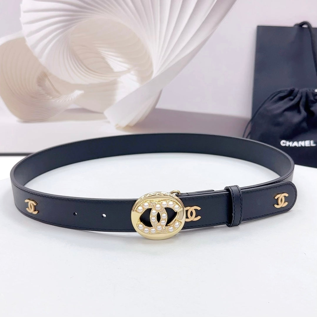 CC 30MM BELT IN BLACK CALFSKIN GOLD HARDWARE ATTACH PEARLS - 30