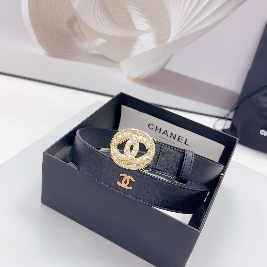 CC 30MM BELT IN BLACK CALFSKIN GOLD HARDWARE ATTACH PEARLS - 30