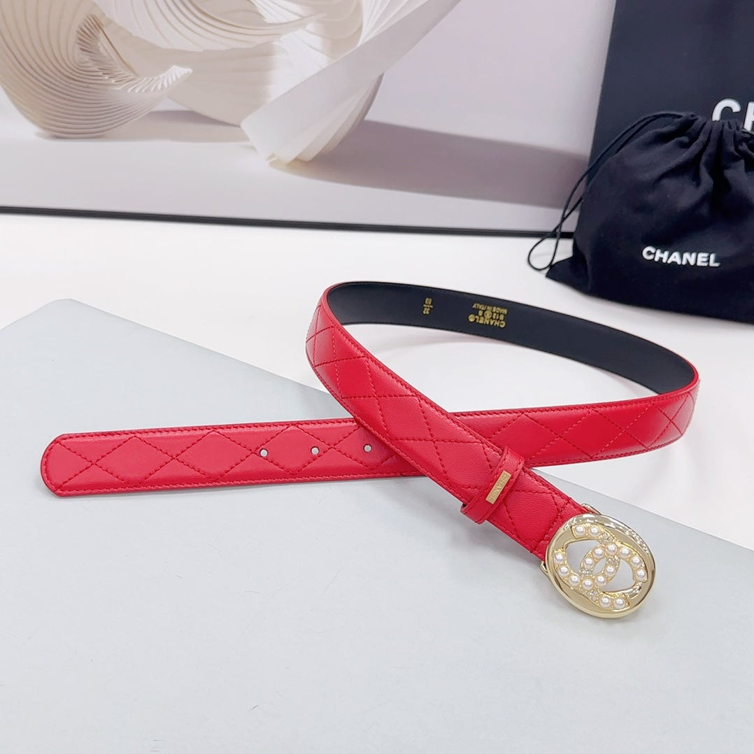 CC 30MM BELT IN CHERRY RED CALFSKIN GOLD HARDWARE ATTACH PEARLS - 30