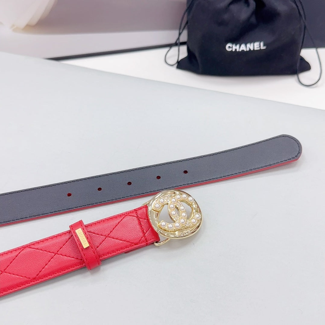 CC 30MM BELT IN CHERRY RED CALFSKIN GOLD HARDWARE ATTACH PEARLS - 30