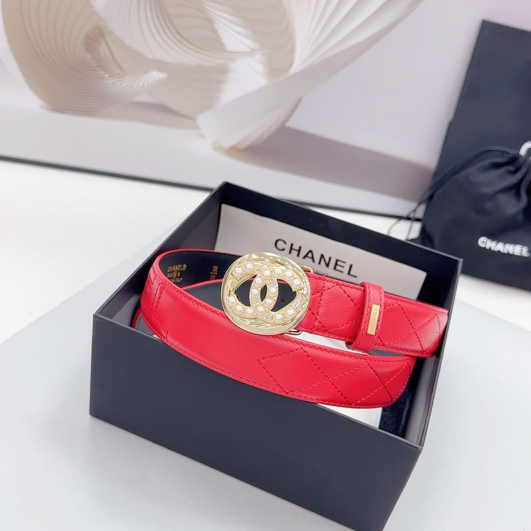 CC 30MM BELT IN CHERRY RED CALFSKIN GOLD HARDWARE ATTACH PEARLS - 30