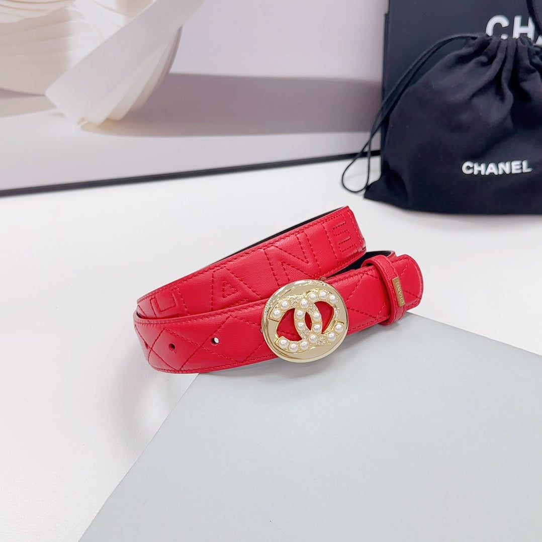 CC 30MM BELT IN CHERRY RED CALFSKIN GOLD HARDWARE ATTACH PEARLS - 30