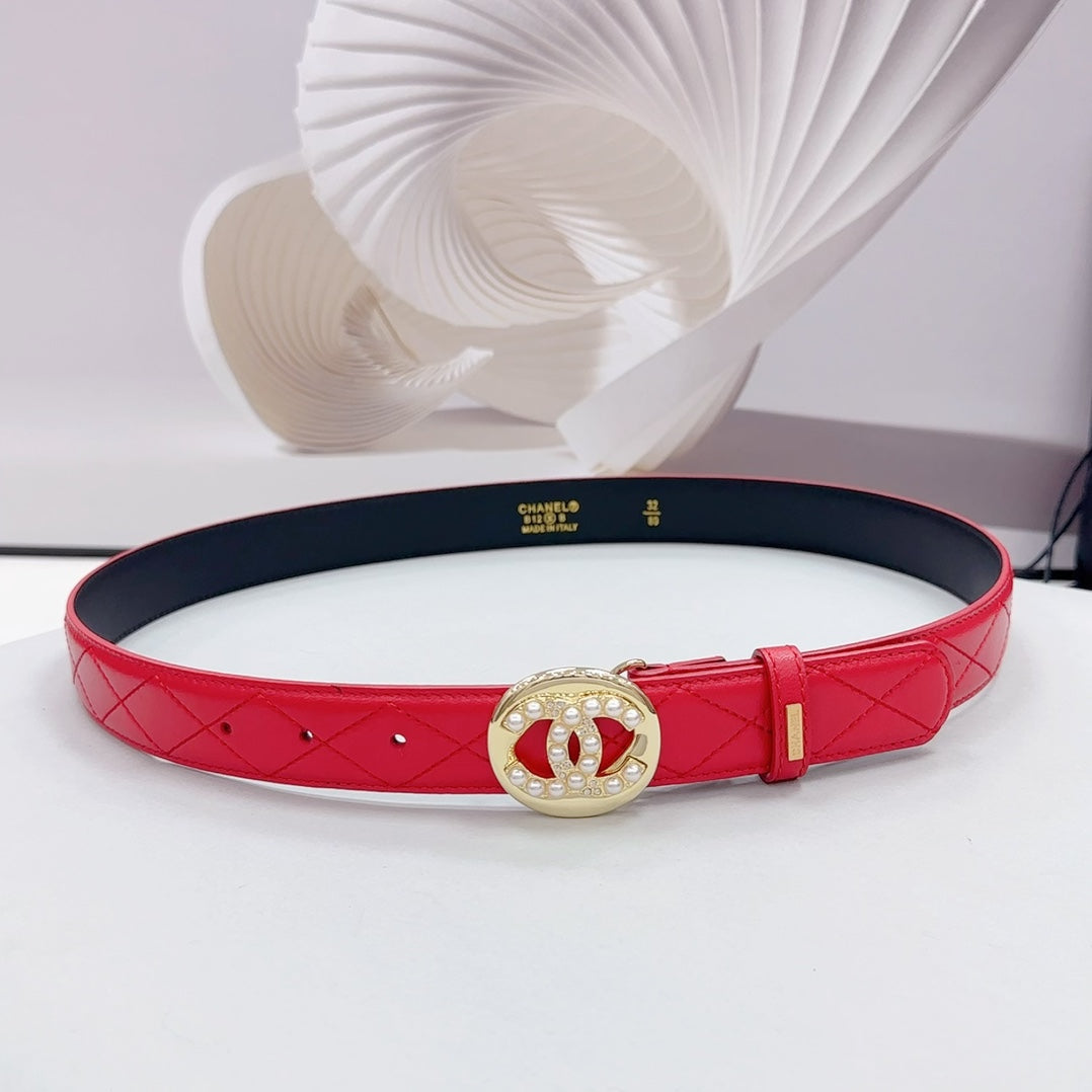 CC 30MM BELT IN CHERRY RED CALFSKIN GOLD HARDWARE ATTACH PEARLS - 30