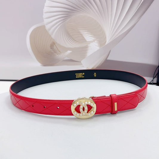 CC 30MM BELT IN CHERRY RED CALFSKIN GOLD HARDWARE ATTACH PEARLS - 30