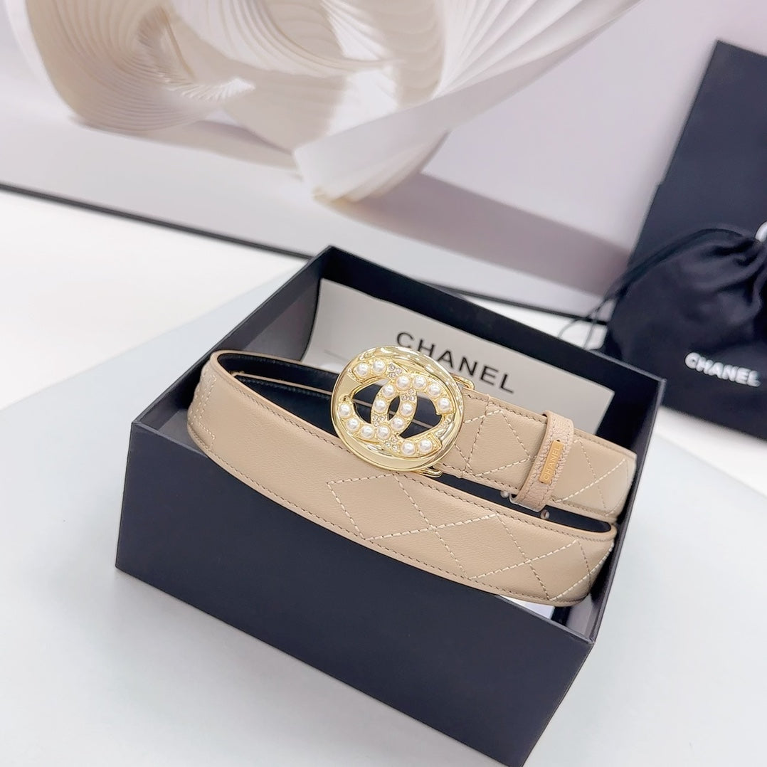 CC 30MM BELT IN CAMEL BROWN CALFSKIN GOLD HARDWARE ATTACH PEARLS - 30