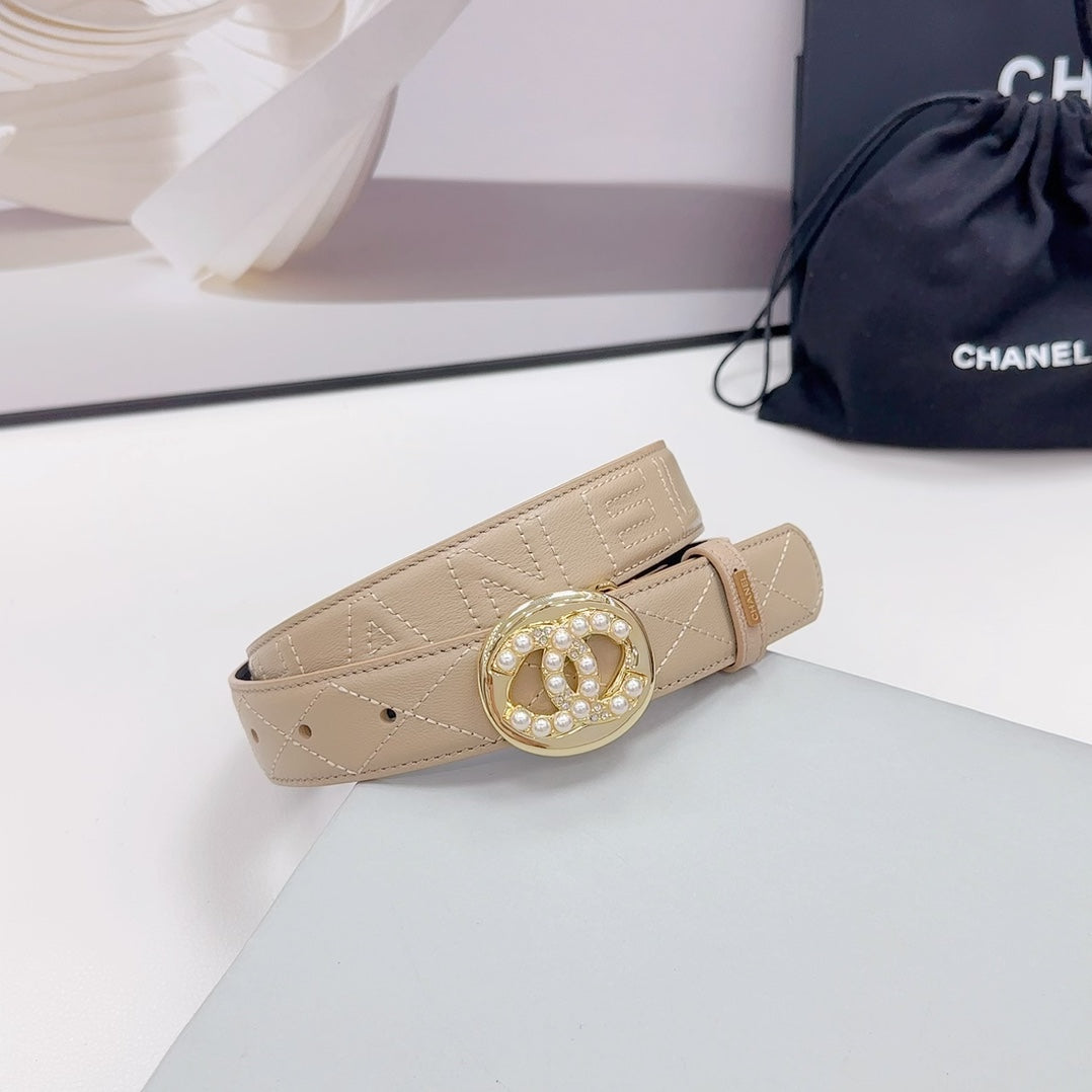 CC 30MM BELT IN CAMEL BROWN CALFSKIN GOLD HARDWARE ATTACH PEARLS - 30