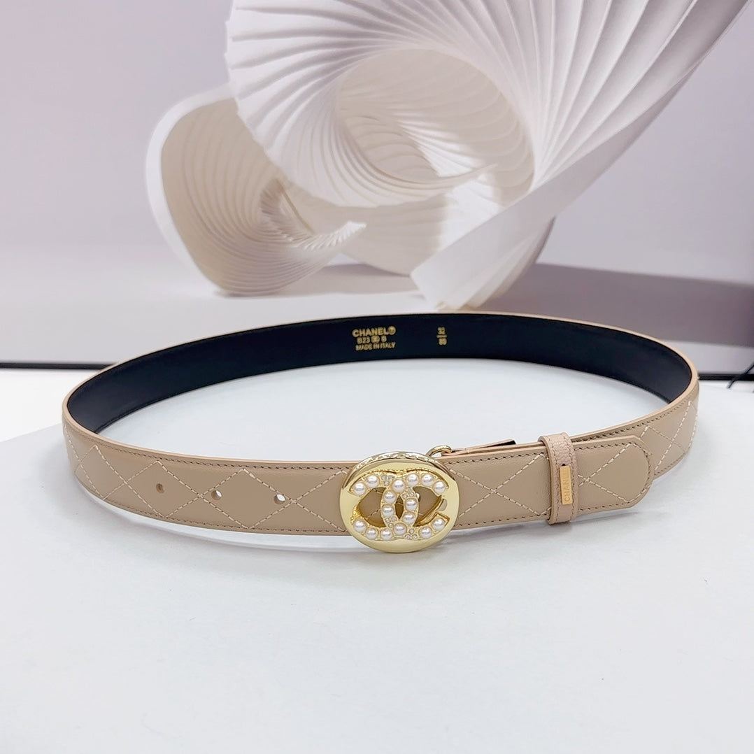CC 30MM BELT IN CAMEL BROWN CALFSKIN GOLD HARDWARE ATTACH PEARLS - 30