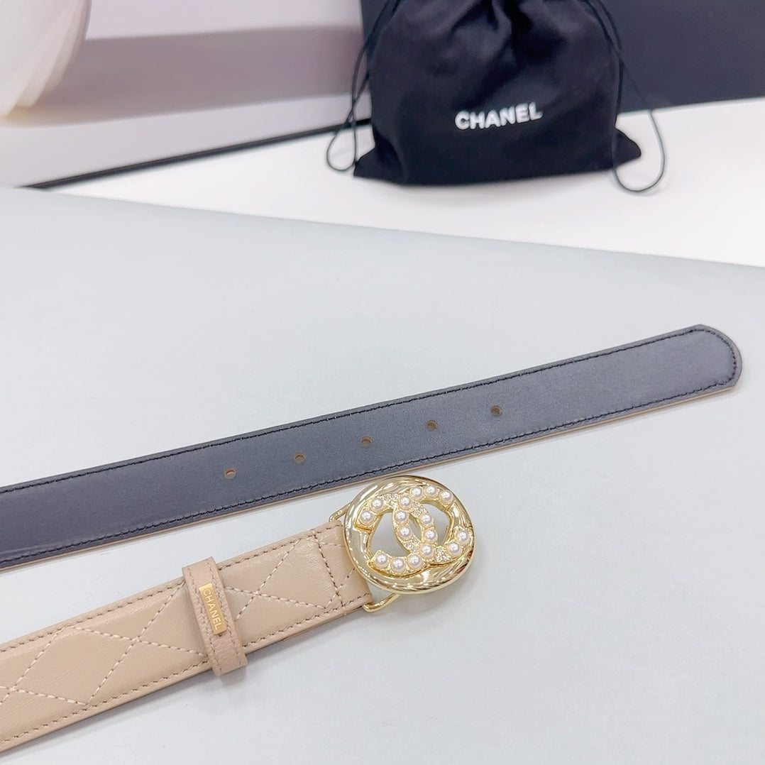 CC 30MM BELT IN CAMEL BROWN CALFSKIN GOLD HARDWARE ATTACH PEARLS - 30