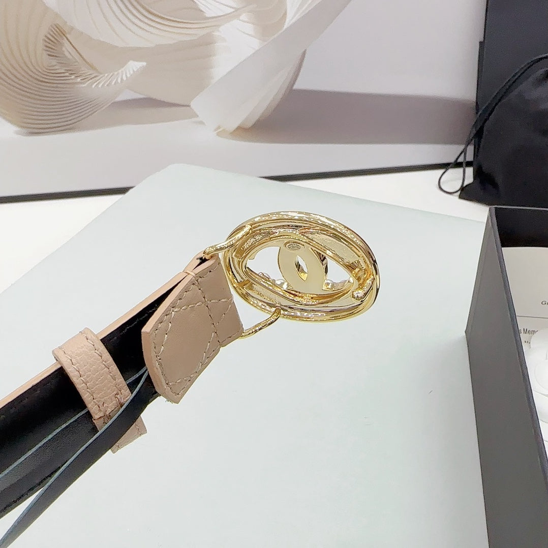 CC 30MM BELT IN CAMEL BROWN CALFSKIN GOLD HARDWARE ATTACH PEARLS - 30