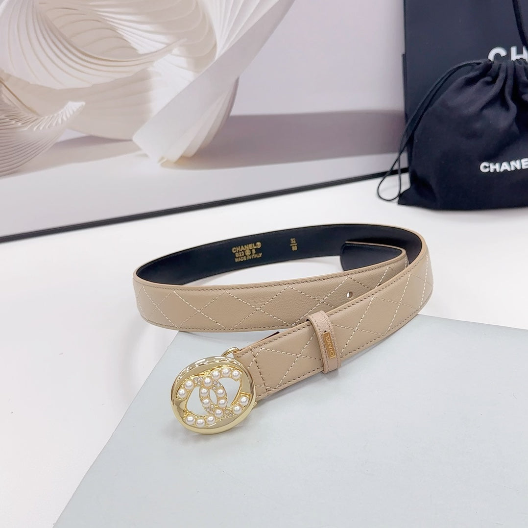 CC 30MM BELT IN CAMEL BROWN CALFSKIN GOLD HARDWARE ATTACH PEARLS - 30