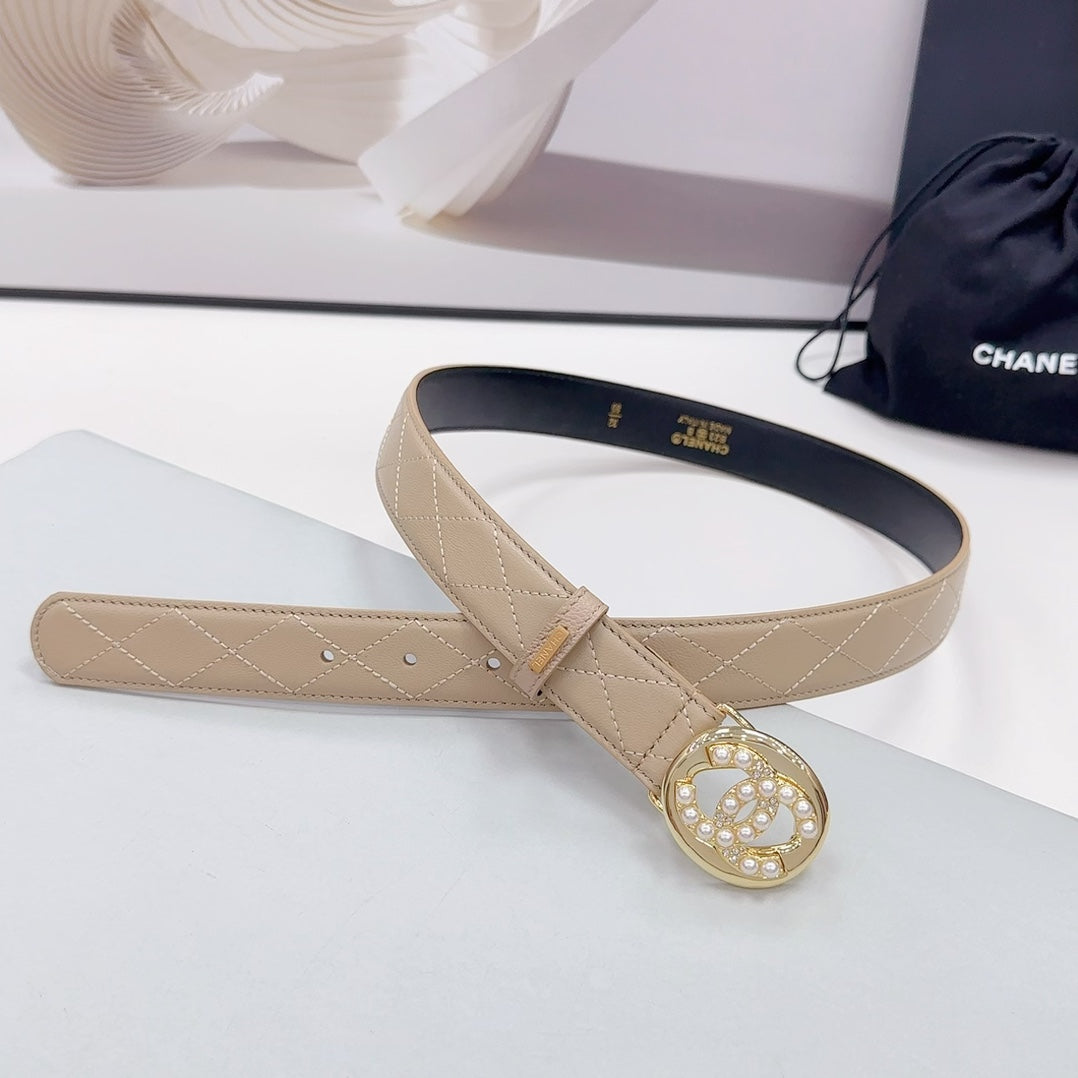 CC 30MM BELT IN CAMEL BROWN CALFSKIN GOLD HARDWARE ATTACH PEARLS - 30