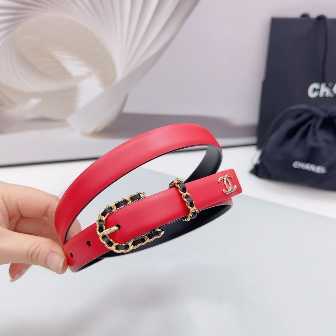CC BELT 20 MM IN CHERRY RED MIX BLACK CALFSKIN GOLD HARDWARE - 30