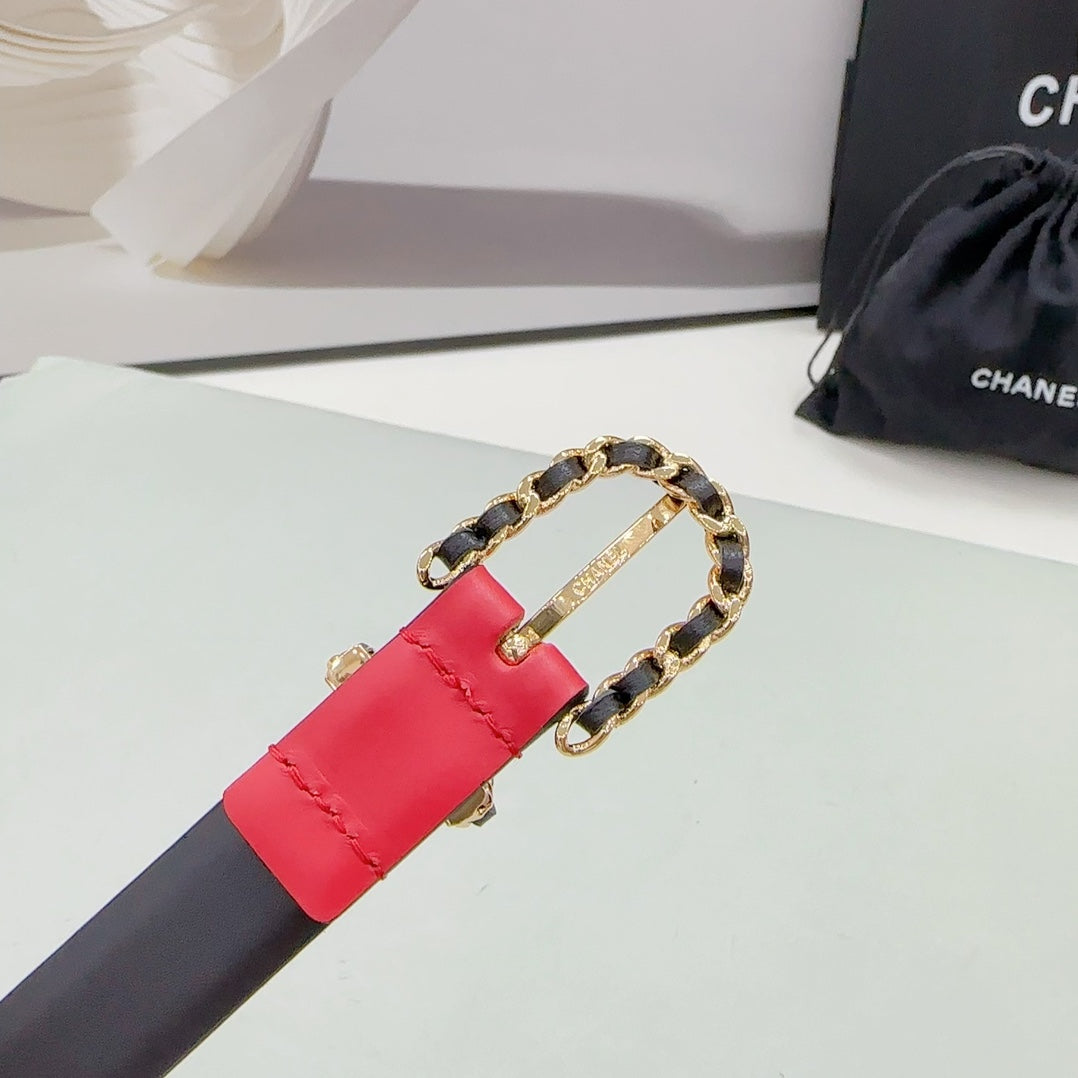CC BELT 20 MM IN CHERRY RED MIX BLACK CALFSKIN GOLD HARDWARE - 30