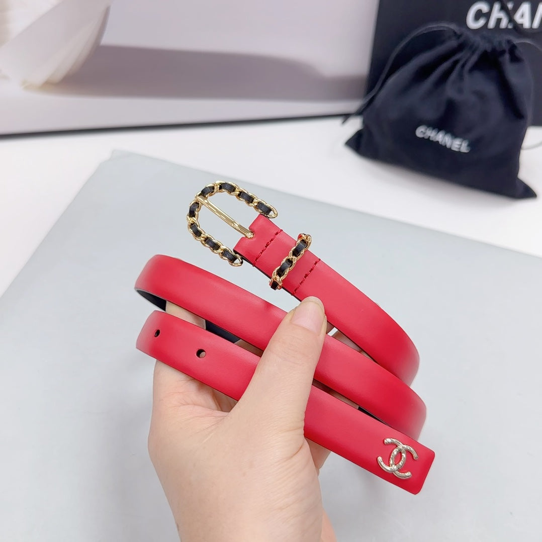 CC BELT 20 MM IN CHERRY RED MIX BLACK CALFSKIN GOLD HARDWARE - 30
