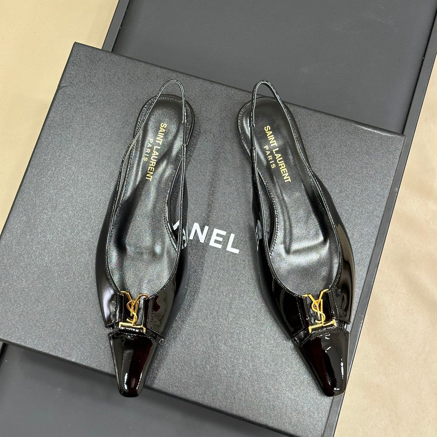 SL BABYLONE SLINGBACK FLAT BLACK POLISHED CALFSKIN - 35