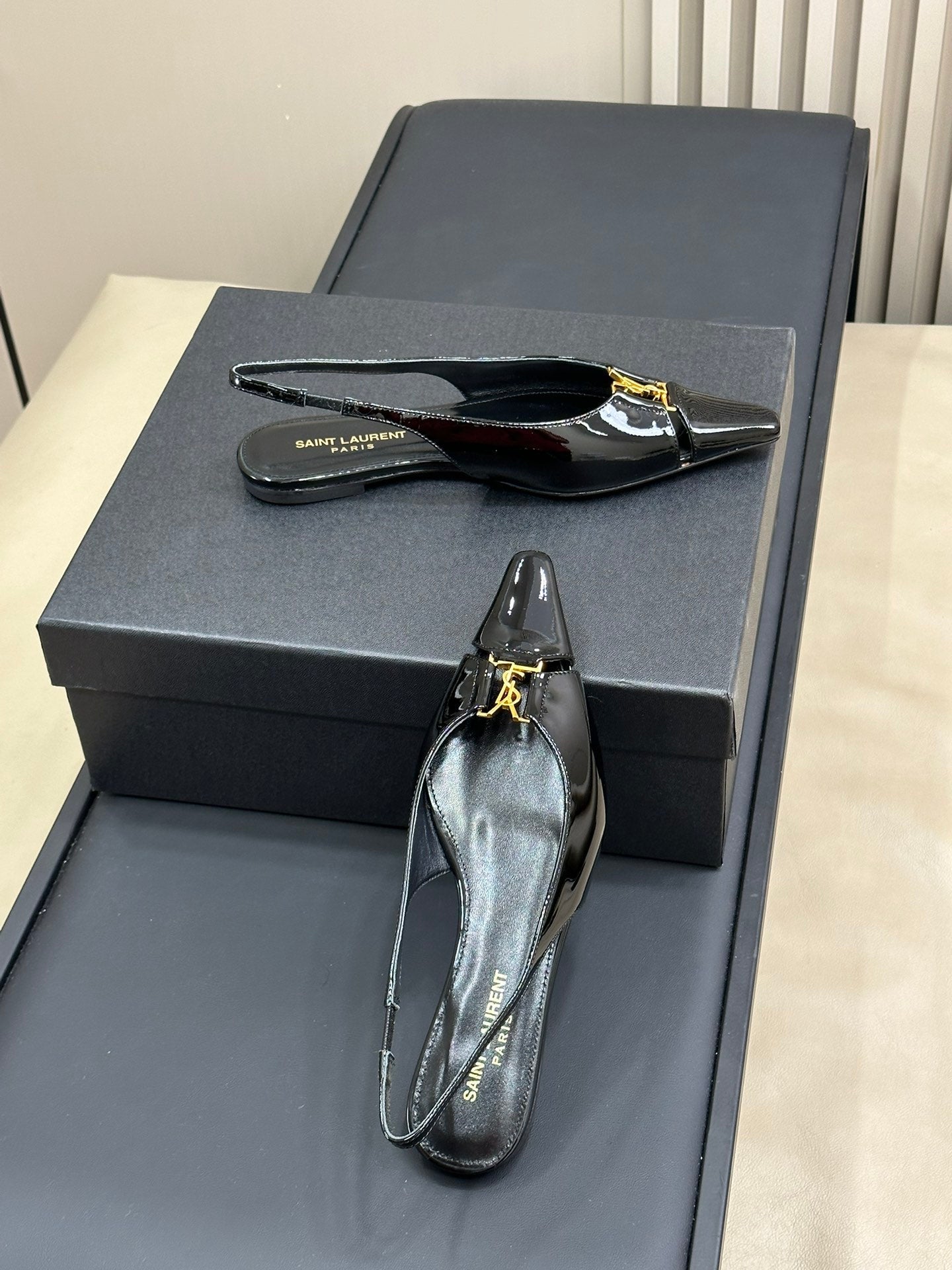 SL BABYLONE SLINGBACK FLAT BLACK POLISHED CALFSKIN - 35