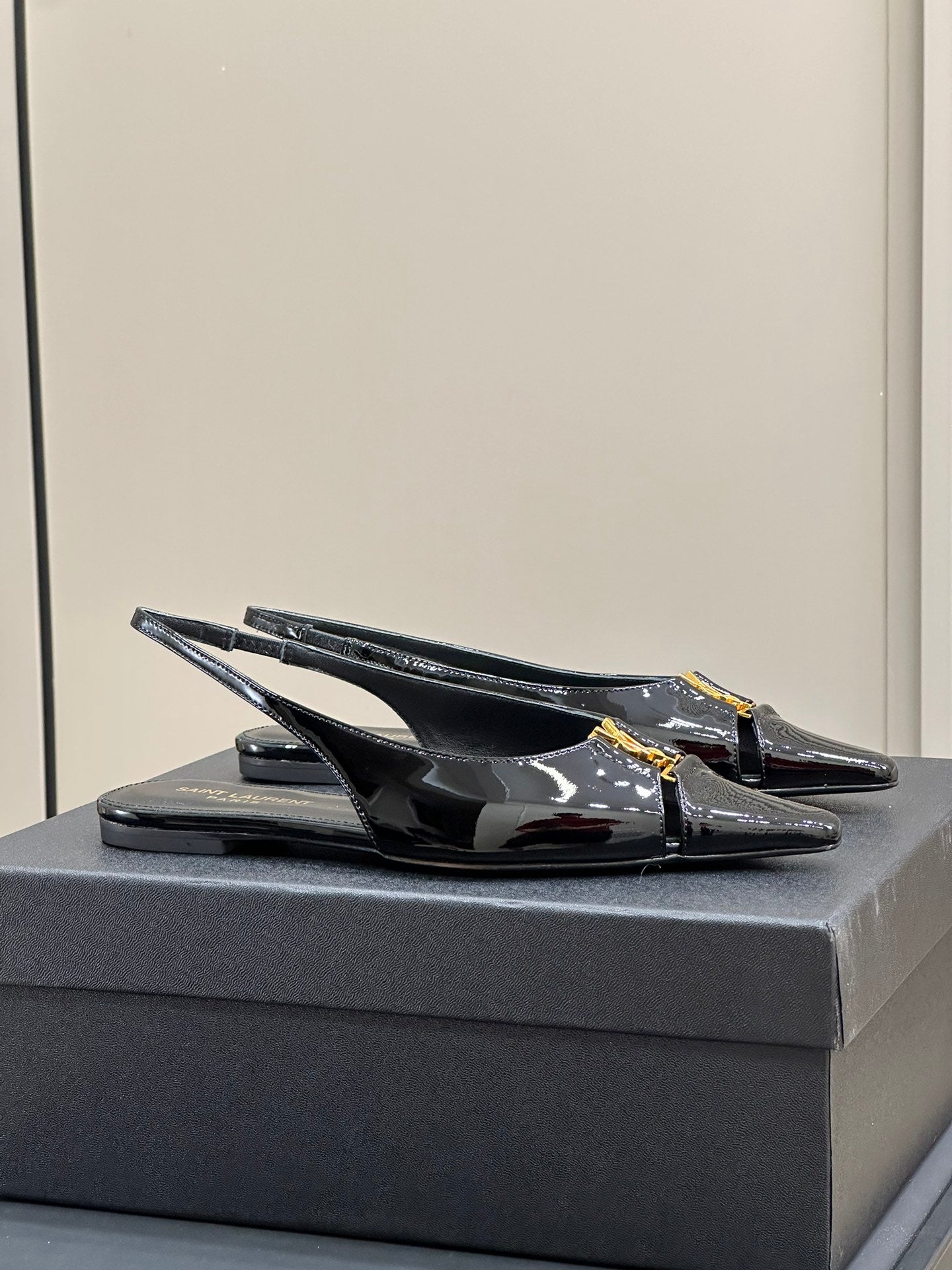 SL BABYLONE SLINGBACK FLAT BLACK POLISHED CALFSKIN - 35
