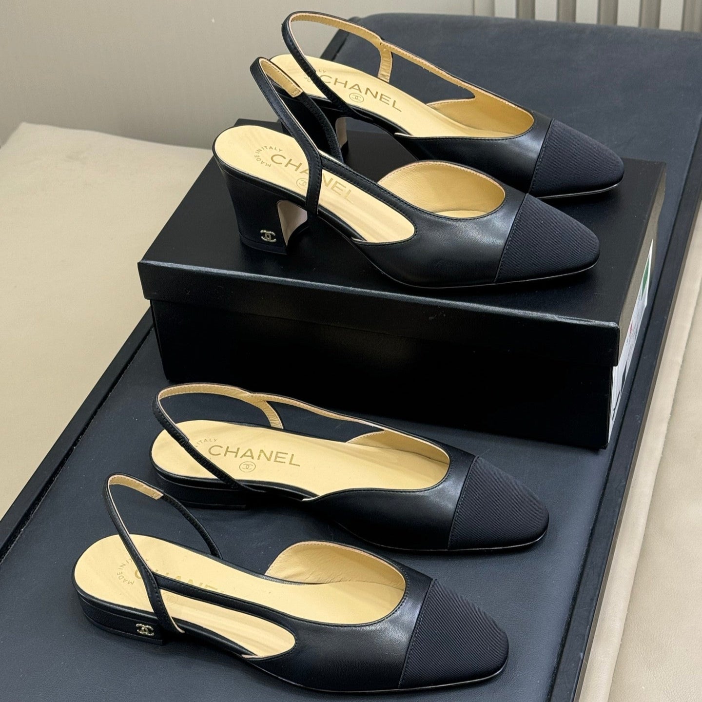 CC CLASSIC SLINGBACK BLACK BEIGE GOATSKIN BLACK GROSGRAIN - 35 / 20mm