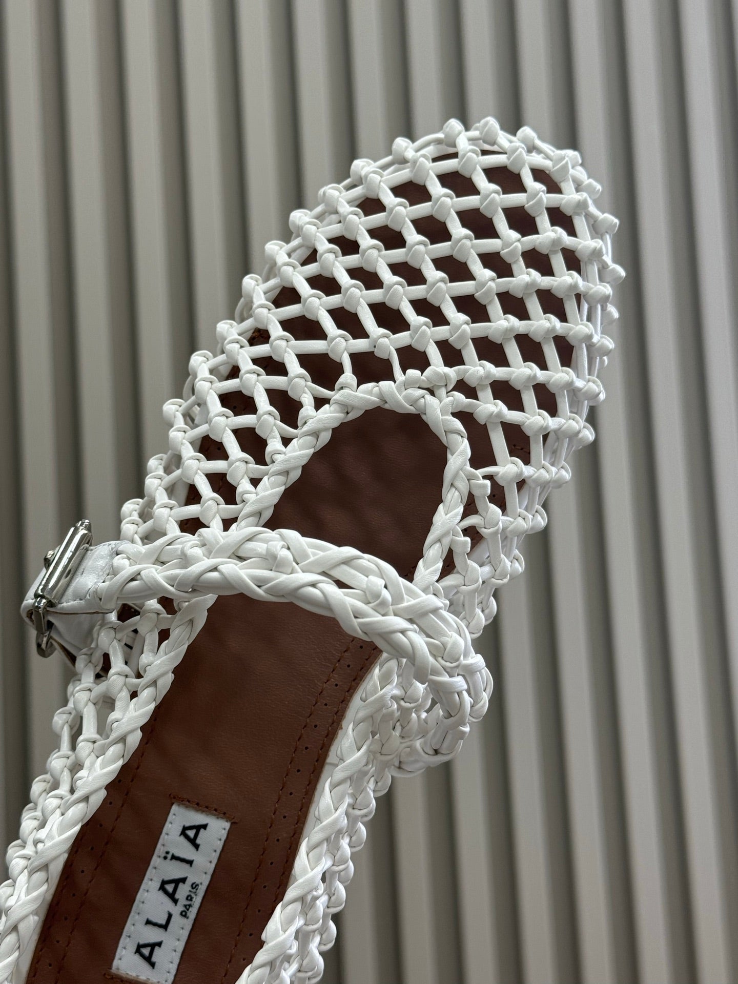 ALAIA MARY JANE FLATS 25S IN WHITE MESH CALSKIN WITH SILVER HARDWARE - 35