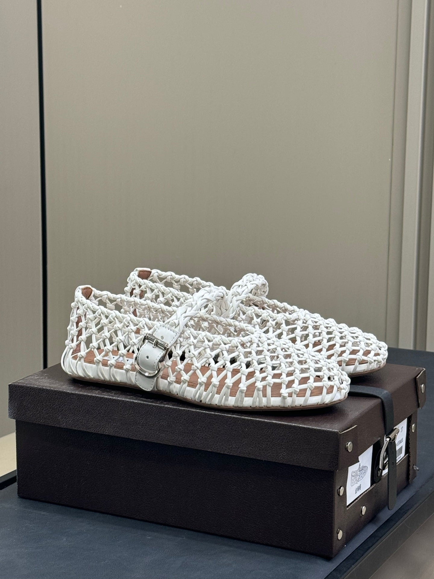 ALAIA MARY JANE FLATS 25S IN WHITE MESH CALSKIN WITH SILVER HARDWARE - 35
