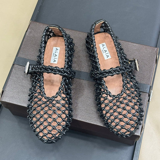 ALAIA MARY JANE FLATS 25S IN BLACK MESH CALSKIN WITH SILVER HARDWARE - 35