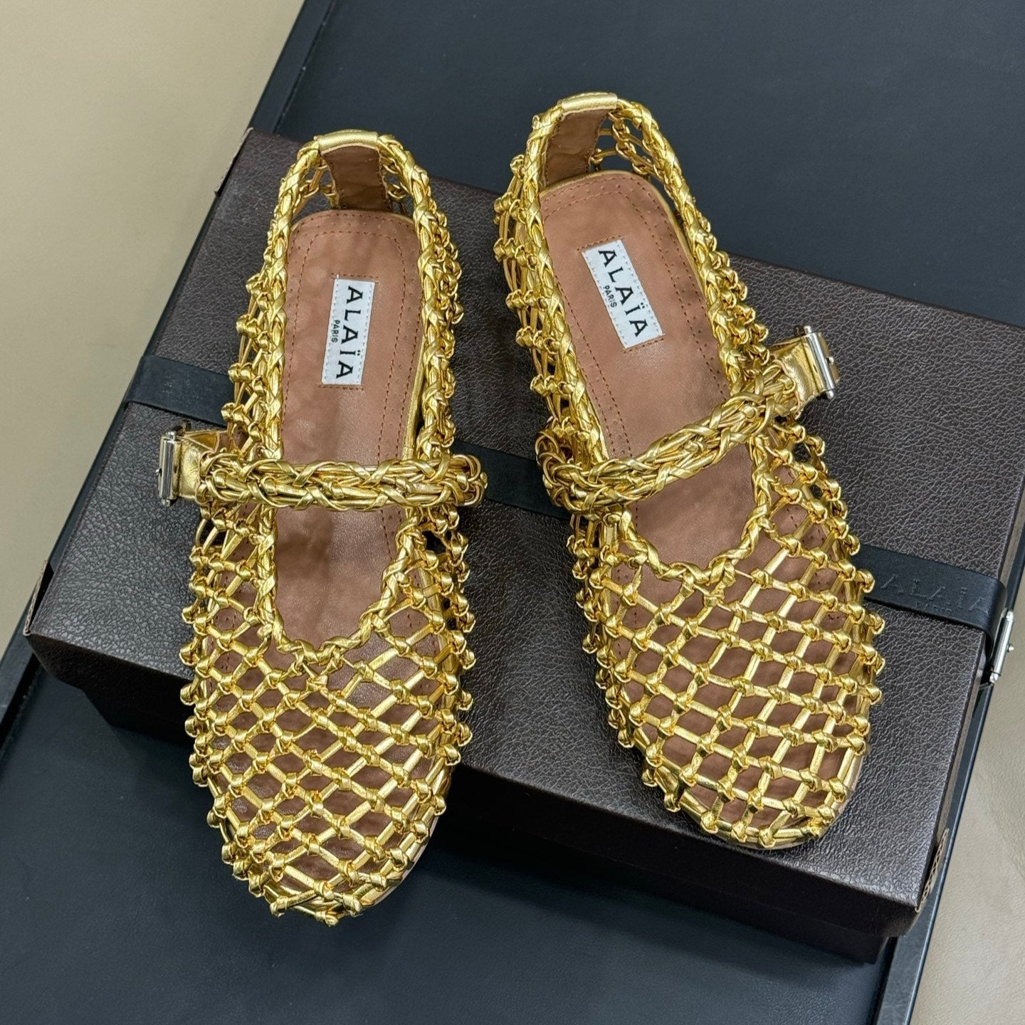 ALAIA MARY JANE FLATS 25S IN GOLD MESH CALSKIN WITH SILVER HARDWARE - 35