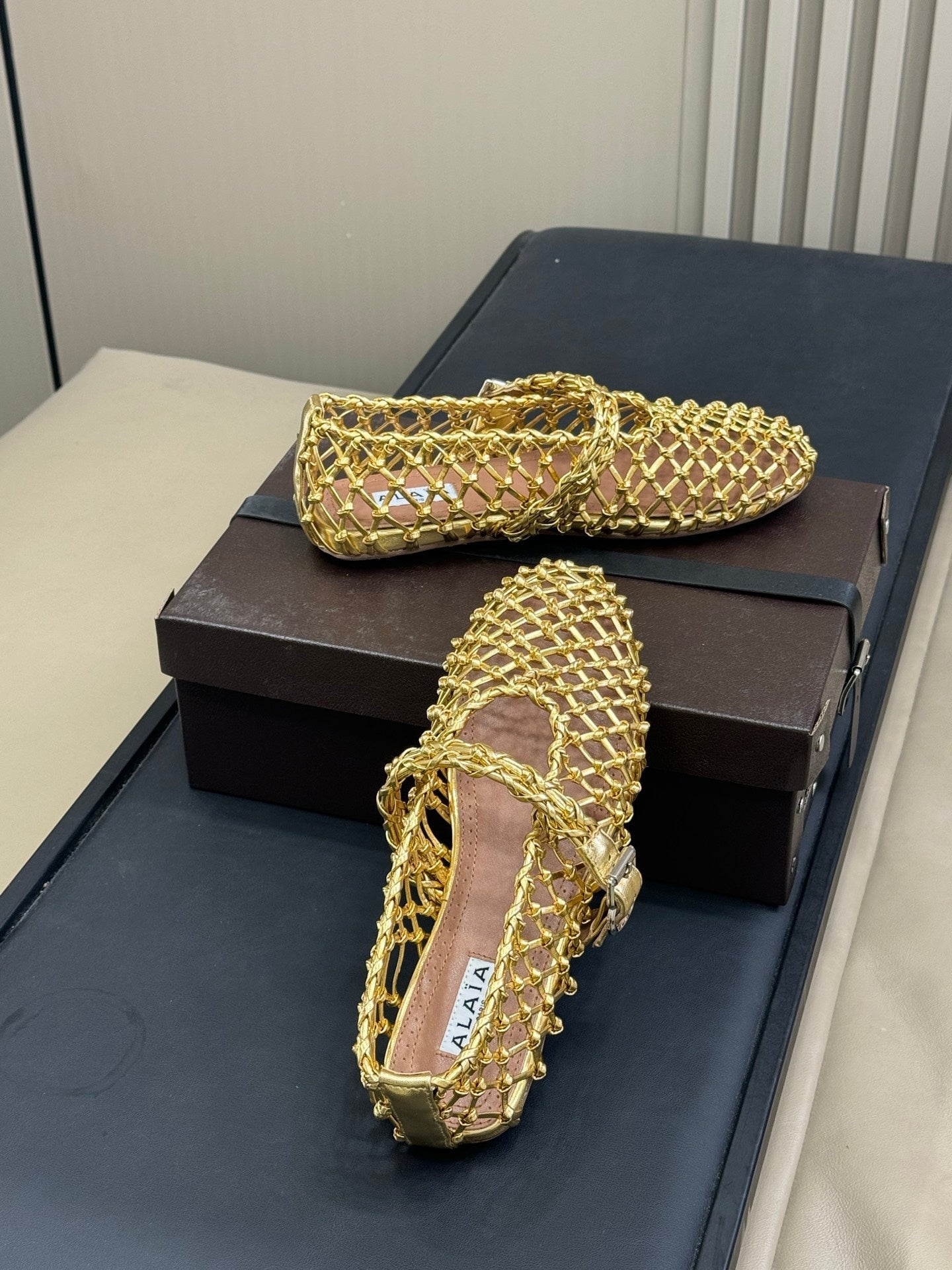 ALAIA MARY JANE FLATS 25S IN GOLD MESH CALSKIN WITH SILVER HARDWARE - 35