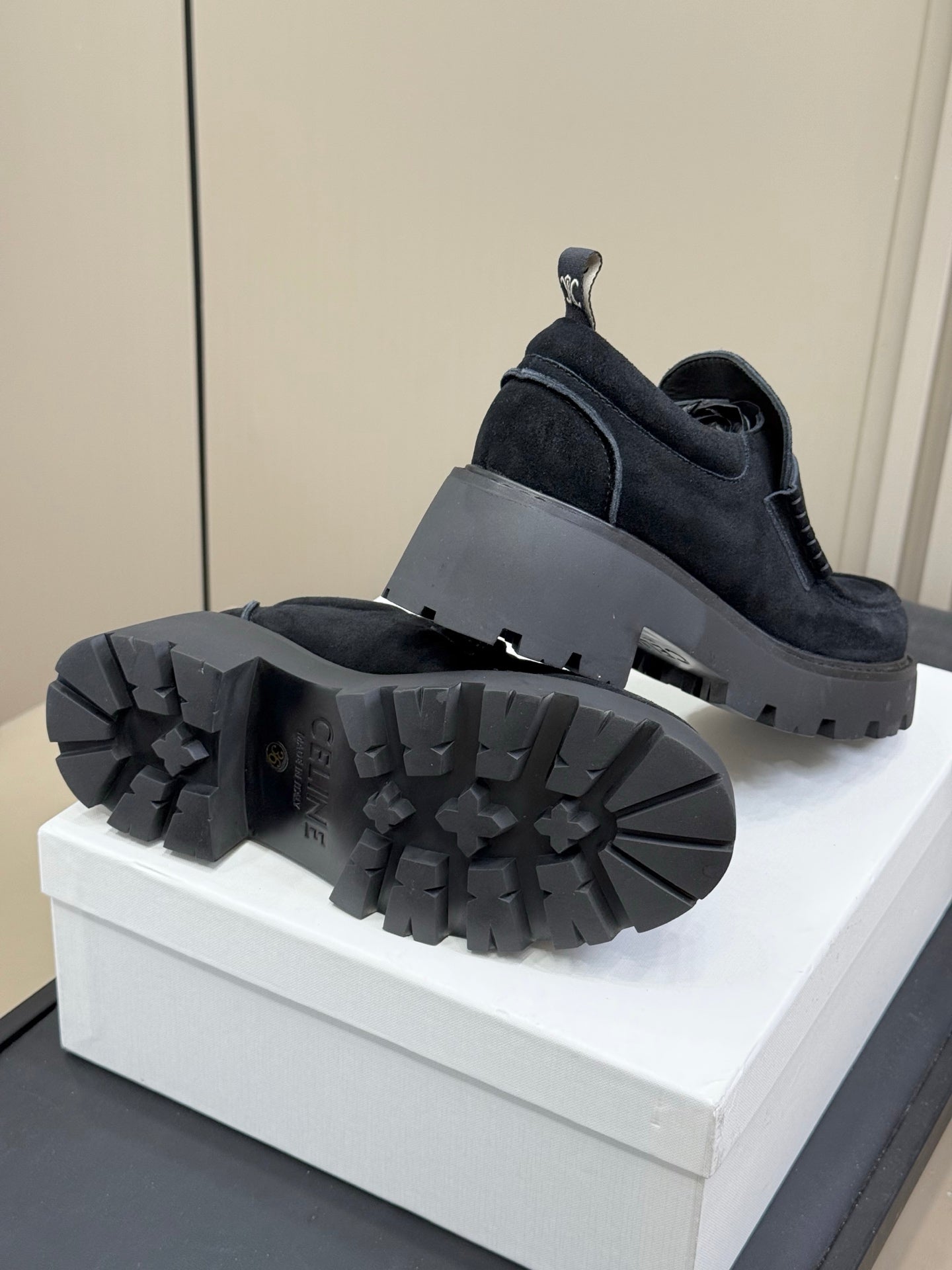 CELINE 25S SERIN CHUNKY LOAFERS 50MM IN BLACK SUEDE - 35