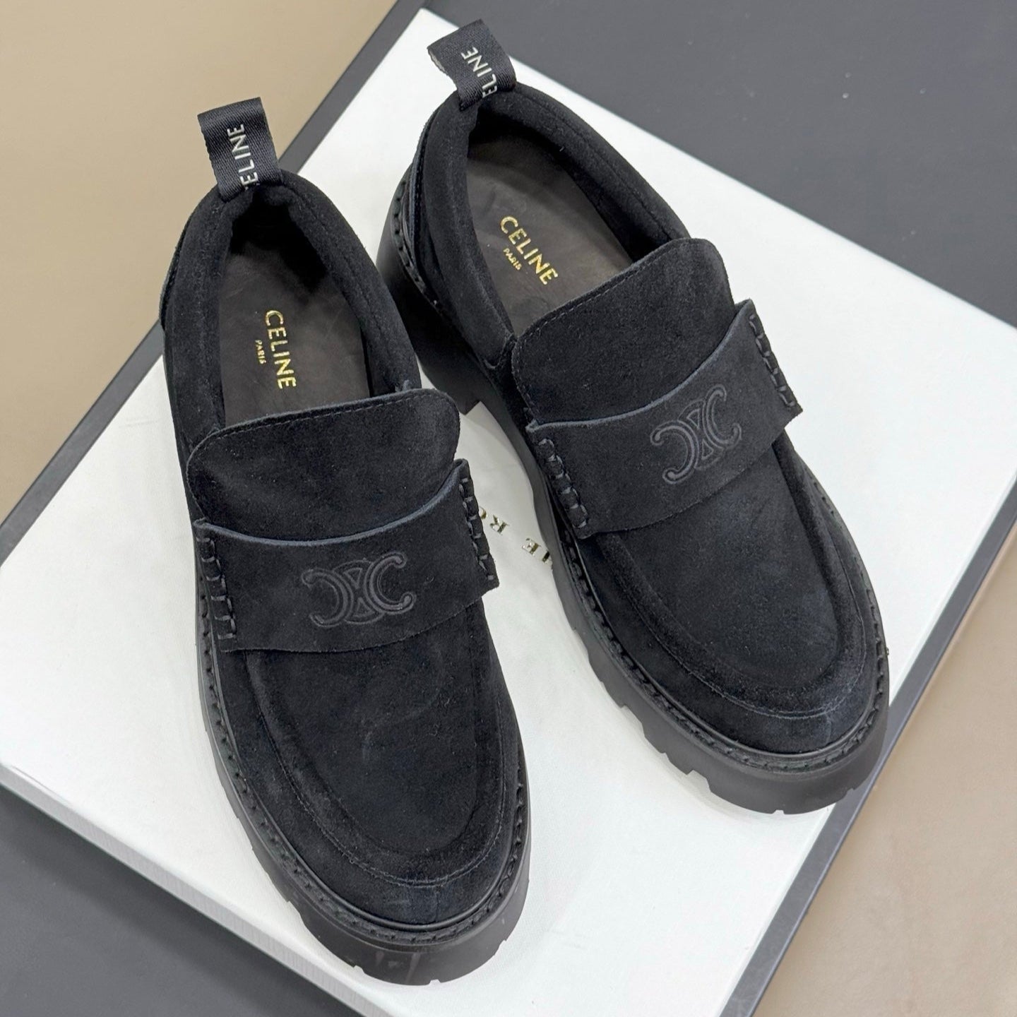 CELINE 25S SERIN CHUNKY LOAFERS 50MM IN BLACK SUEDE - 35