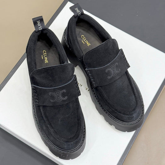 CELINE 25S SERIN CHUNKY LOAFERS 50MM IN BLACK SUEDE - 35