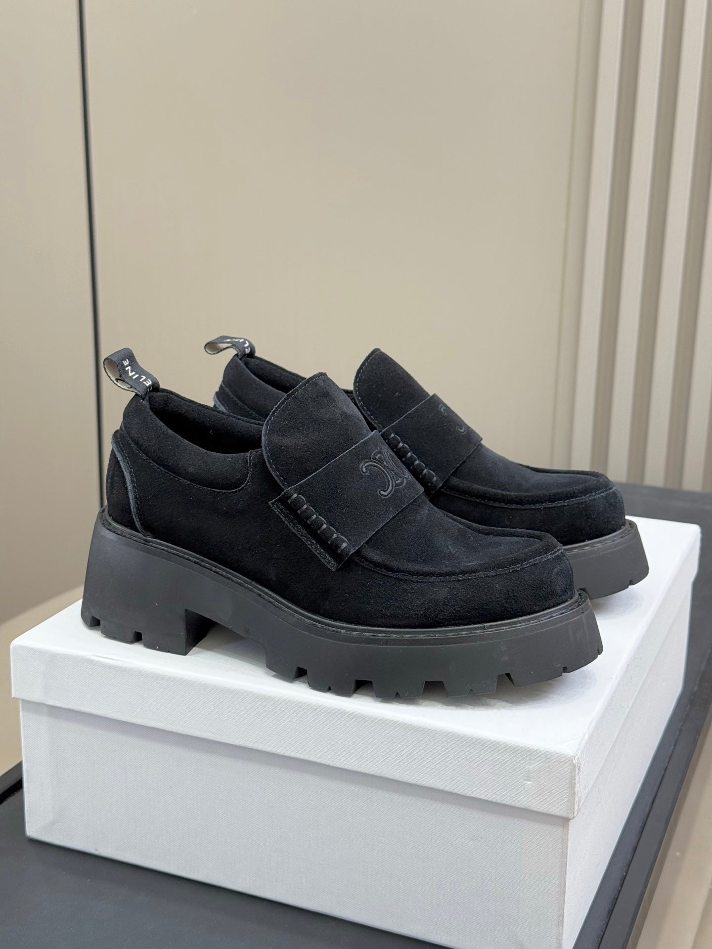 CELINE 25S SERIN CHUNKY LOAFERS 50MM IN BLACK SUEDE - 35