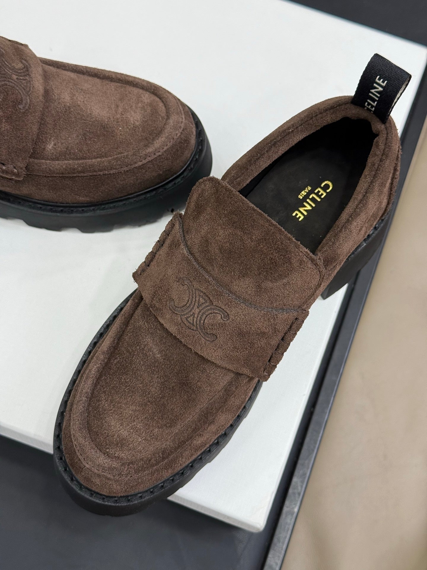 CELINE 25S SERIN CHUNKY LOAFERS 50MM IN BROWN SUEDE - 35