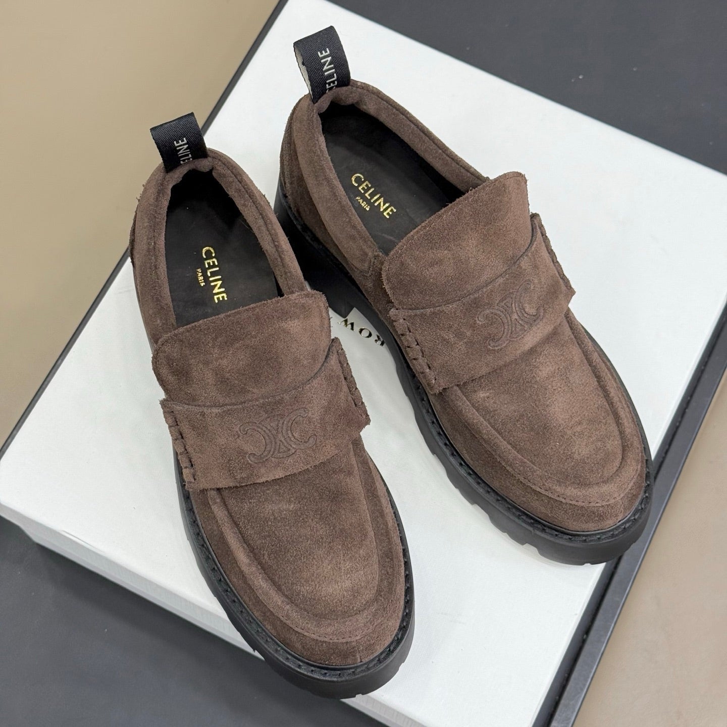 CELINE 25S SERIN CHUNKY LOAFERS 50MM IN BROWN SUEDE - 35