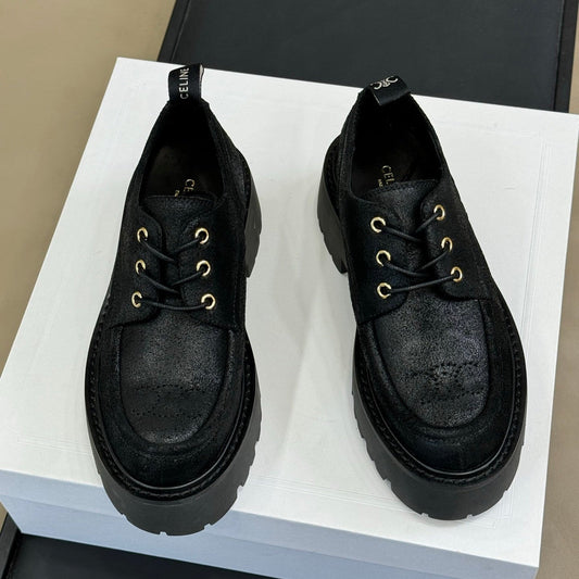 CELINE 25S THICK SOLED LOAFERS IN BLACK CALFSKIN SUEDE - 35