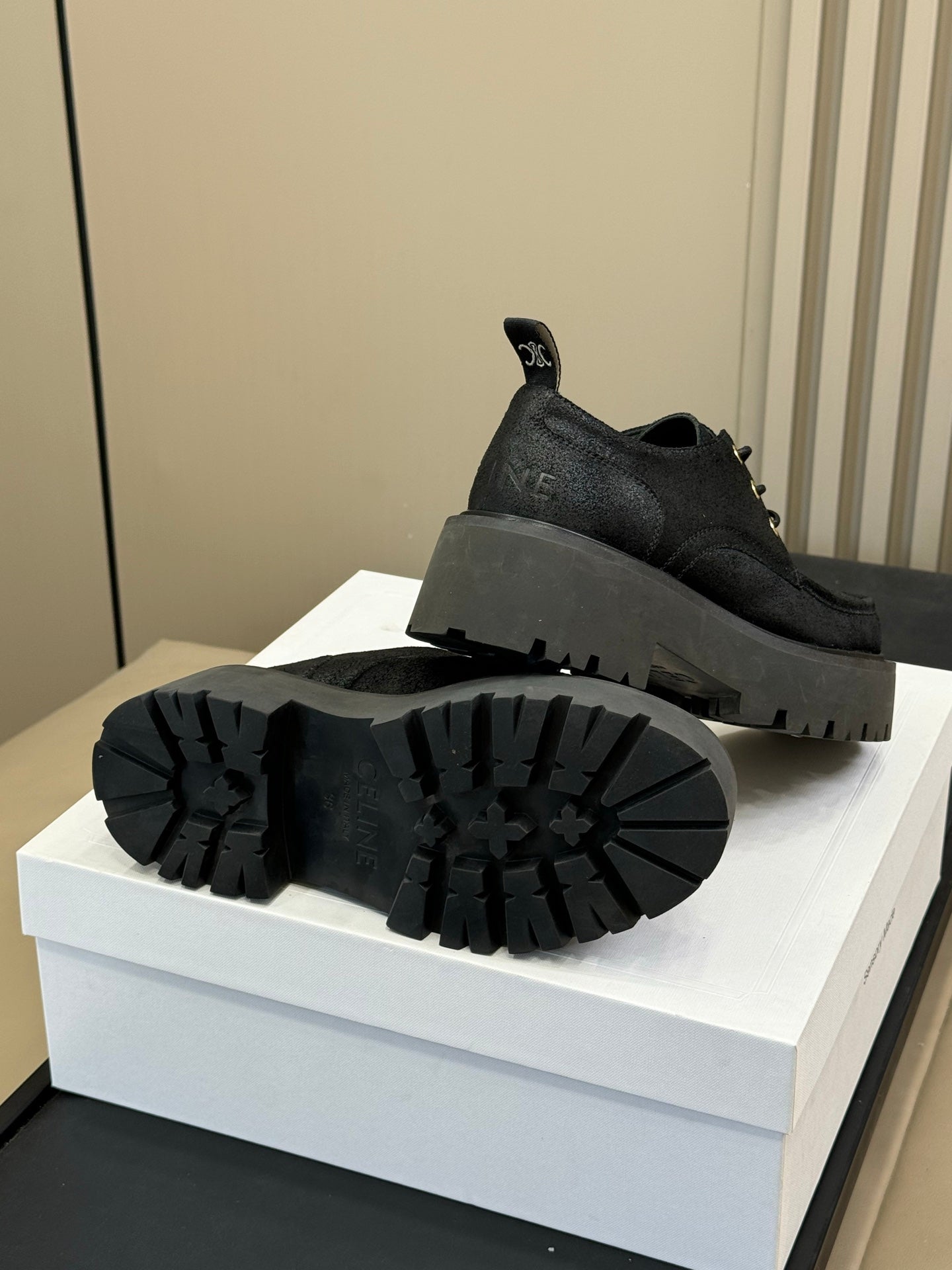 CELINE 25S THICK SOLED LOAFERS IN BLACK CALFSKIN SUEDE - 35