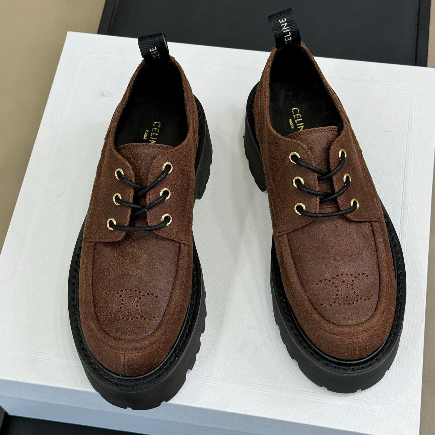 CELINE 25S THICK SOLED LOAFERS IN BROWN CALFSKIN SUEDE - 35