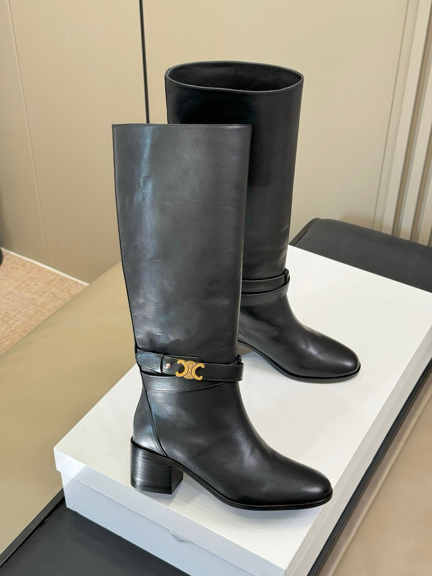 CELINE 26S HIGH-TOP HEELED BOOTS IN BLACK CALFSKIN