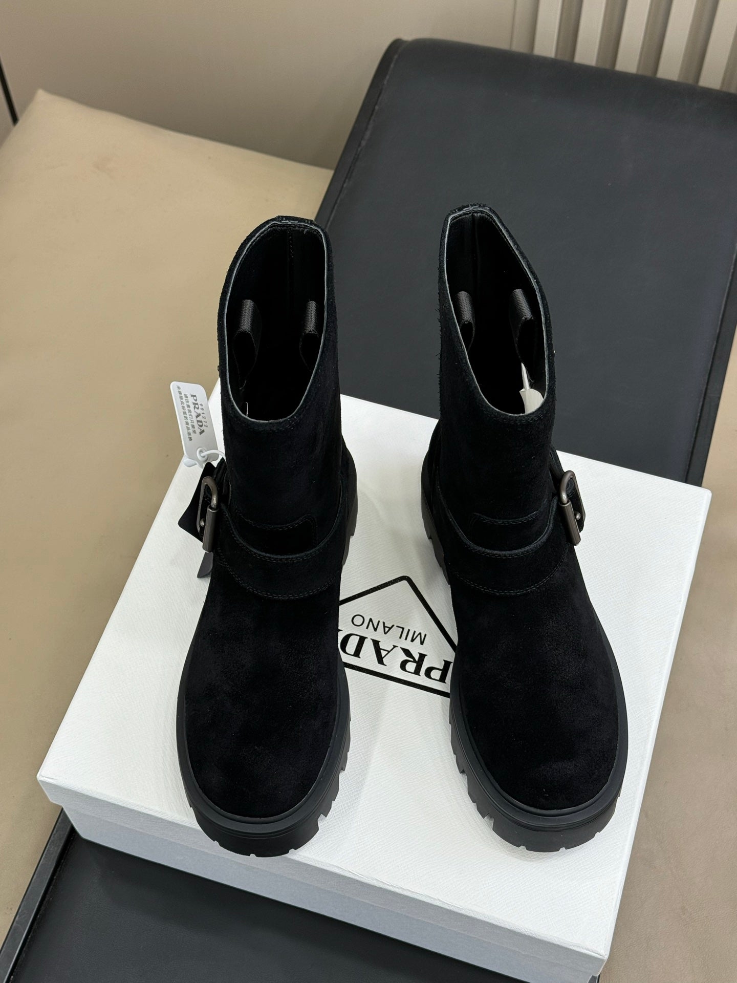 PRADA 25S PLATFORM ANKLE BOOTS IN BLACK SUEDE WITH SILVER HARDWARE - 35